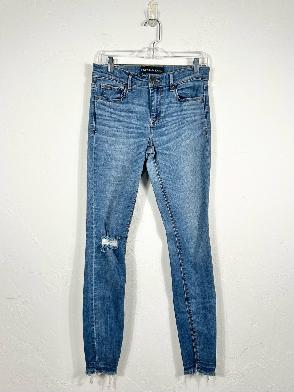 Express Jeans Size 8 Legging Mid Rise Distressed Raw Hem Skinny Jeans